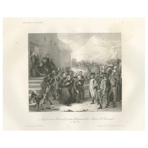 Napoleon Crossing the Great St Bernard Pass, Alpine Campaign Engraving c.1840