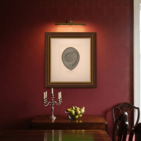 German Shield, Sixteenth Century, Soltykoff Collection, Antique Print, 1851, shown framed on a wall