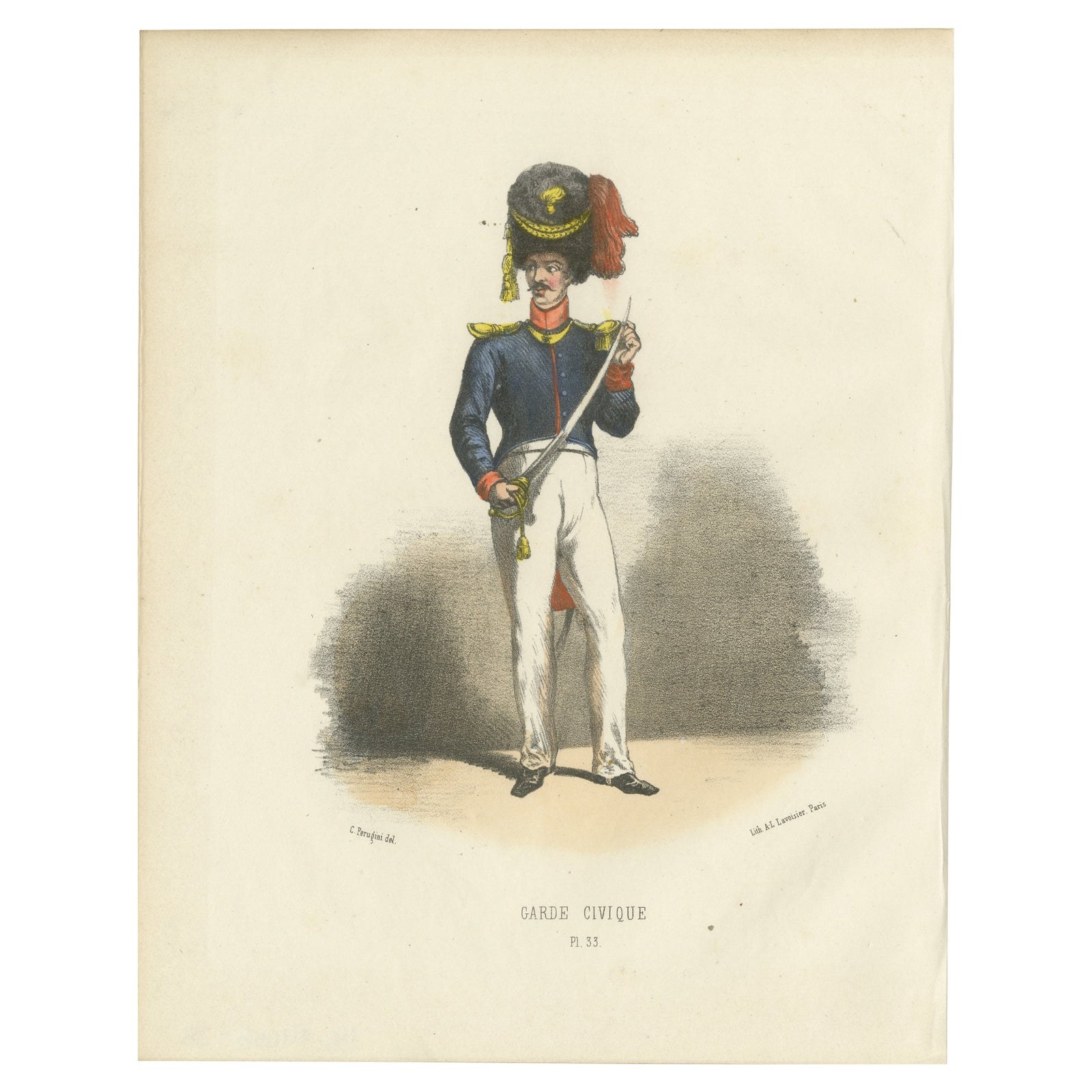 Civic Pride in Uniform: Handcolored Print of a Garde Civique Officer, 1862