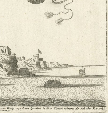 Milazzo (Melazzo), Sicily, Siege of 1718, Antique Engraving, circa 1720, close-up 2