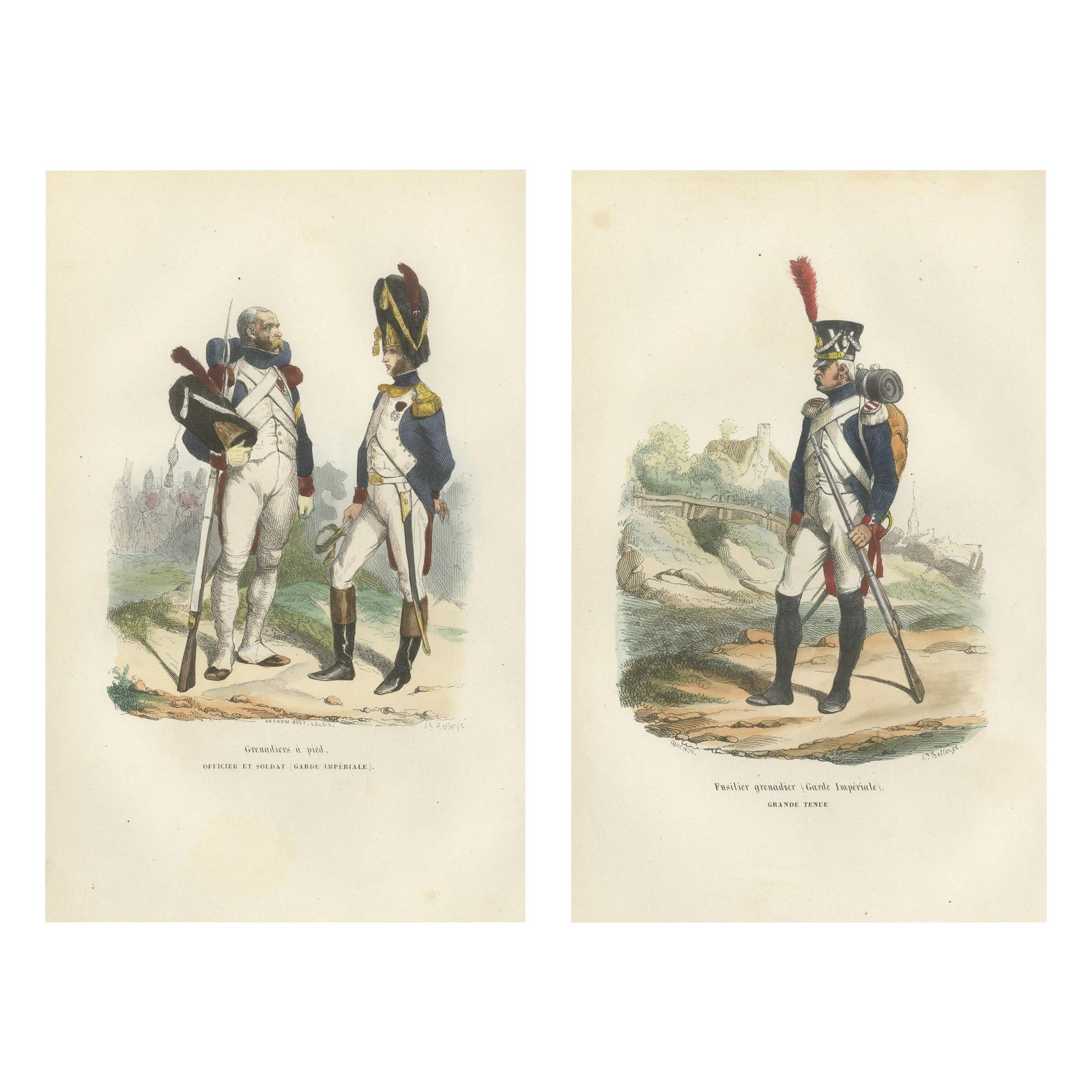 Napoleonic Imperial Guard Grenadiers, Officer and Soldier, French Prints, 1843