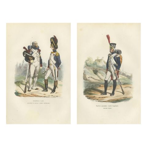 Napoleonic Imperial Guard Grenadiers, Officer and Soldier, French Prints, 1843