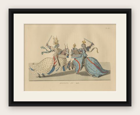Medieval Knights in Combat, Elegant Hand-Colored Antique Print, France 1845, shown framed