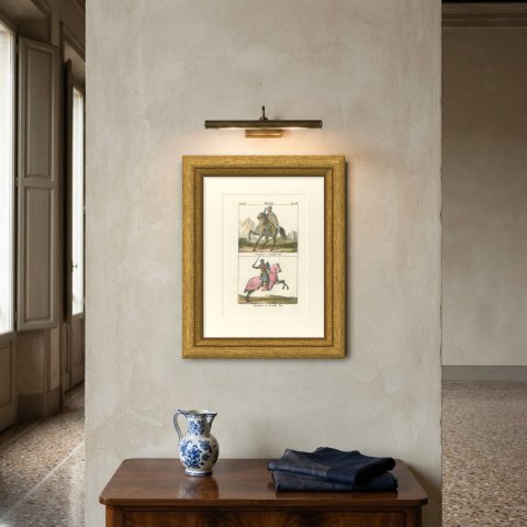 Two Mounted Crusader Knights, Hand Colored French Lithograph, 1842, shown framed on a wall