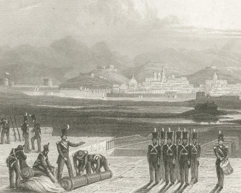 Messina in Sicily, Antique Harbor View with Soldiers, Engraving, circa 1850, close-up 1