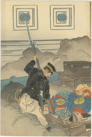 Fortress Assault Triptych, 1894 Japanese Meiji War Woodblock by Gekko, view 2