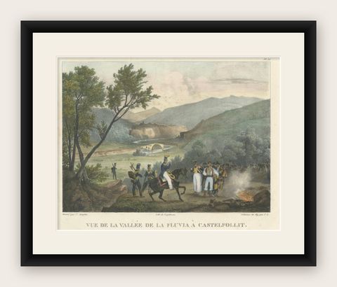French Troops at the Fluvia Valley, Castellfollit, Napoleonic Wars Lithograph, shown framed