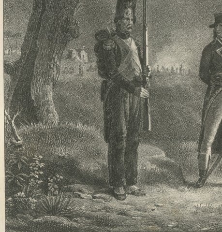 The Night Round, Napoleon Visits the Sentries, Antique Madou Lithograph, 1827, close-up 1