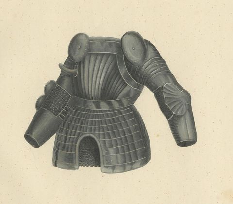 19th-Century Hand-Coloured Lithograph of Medieval Plate Armor Components, close-up 2