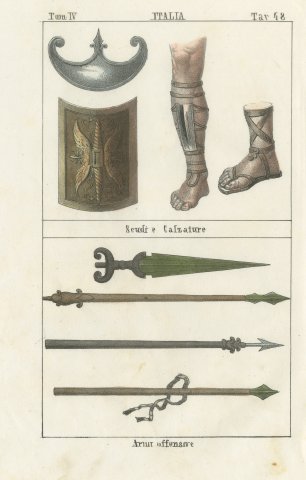 Ancient Shields, Footwear and Offensive Weapons, Hand Colored Lithograph, 1842