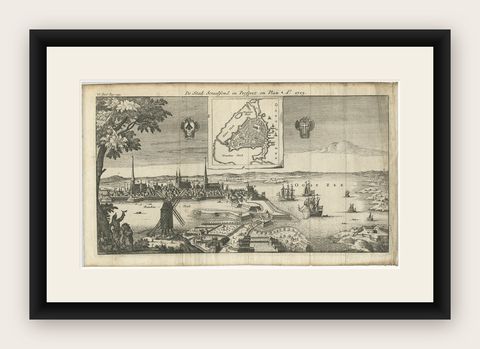 Antique Print of the Fortress and City of Stralsund in Germany, circa 1715, shown framed