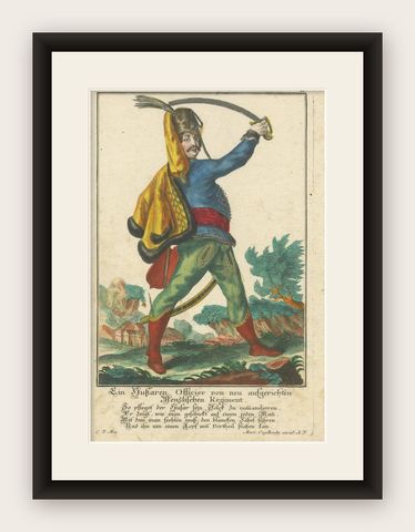 Antique Engraving of a Hungarian Officer by Martin Engelbrecht, c.1780, shown framed