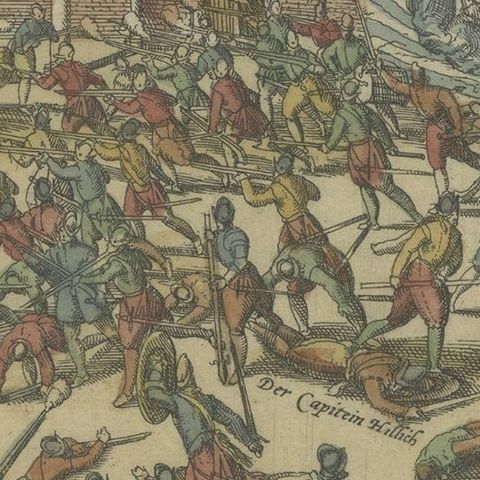 Old Print of Troops of William of Orange Battling with Amsterdam Citizens, c1580, close-up 2