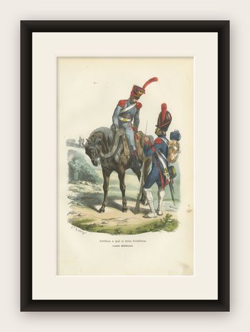 Imperial Guard Foot Artillery and Train, Napoleonic Military Print, 1843, shown framed