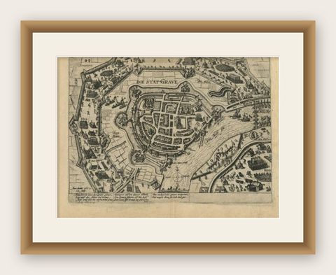 Antique Plan of Grave, The Netherlands, Showing the Siege of Grave in 1602, shown framed