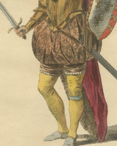 Military Habit of King Edward VI in 1552, Sword and Shield, Jefferys Plate, 1757, close-up 2