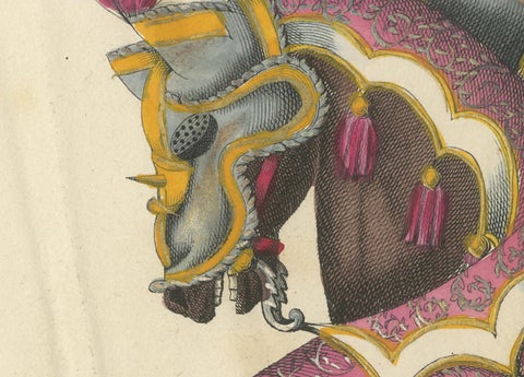 Magnificent Jousting Tournament Print with Handcoloured Knights and Horses, 1842, close-up 1