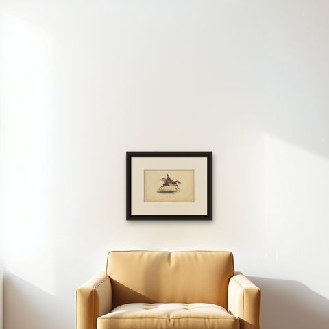 Antique Print of Japanese Cavalryman, 1843, shown framed on a wall