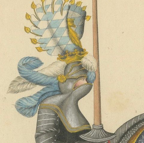 Hand-Coloured Knightly Parade Armour Print with Vibrant Heraldic Motifs, 1842, close-up 3