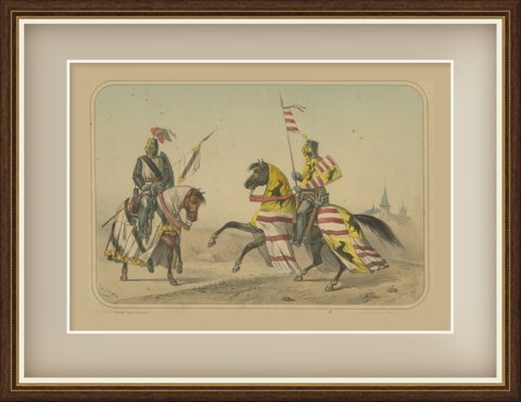 Two Medieval Knights in Heraldic Trappers, Spanish Cavalry Lithograph, 1861, shown framed