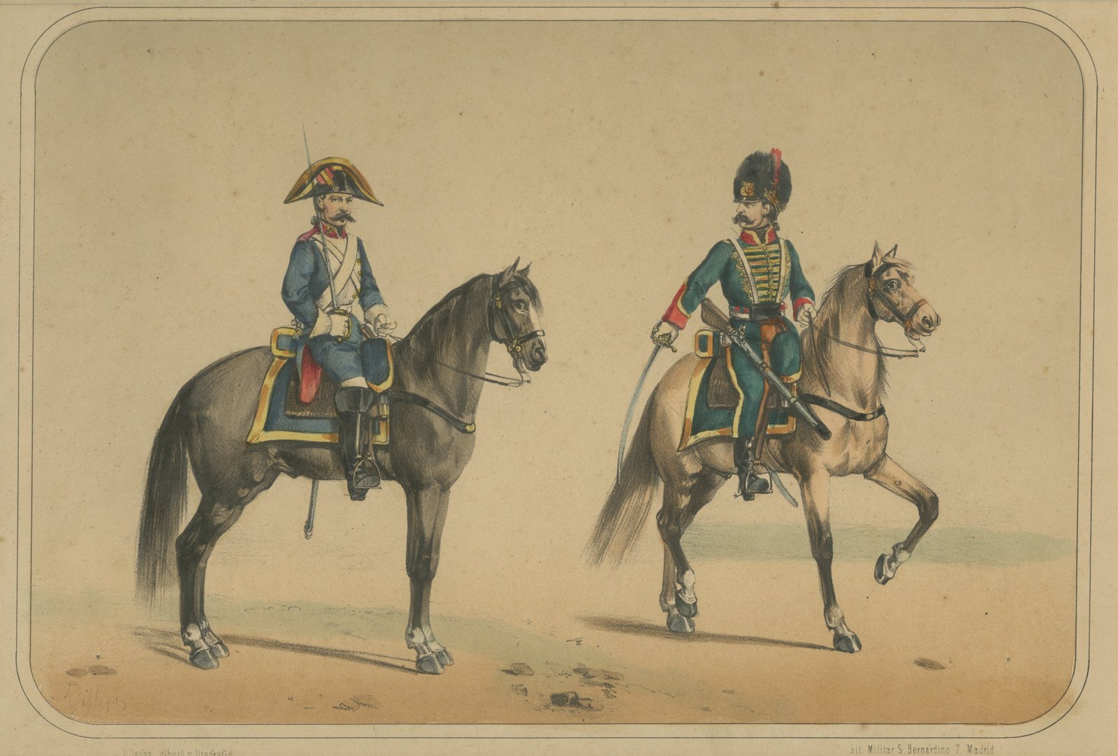 Spanish Hussar and Cavalry Trooper, Lithograph after Villegas, Madrid, 1861