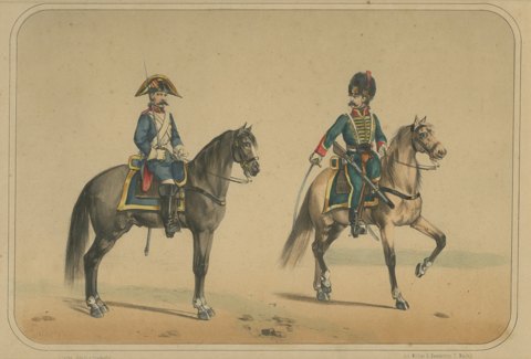 Spanish Hussar and Cavalry Trooper, Lithograph after Villegas, Madrid, 1861
