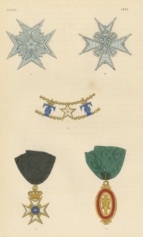 Sweden, Orders of the Polar Star and of Vasa, Plate LXXX, Wood Engraving, 1844