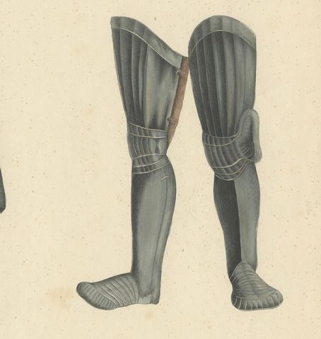 19th-Century Hand-Coloured Lithograph of Medieval Plate Armor Components, close-up 1