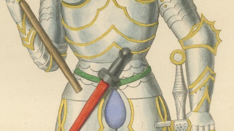 Joan of Arc in Armor, Antique Hand-Colored Costume Lithograph, c.1845, close-up 2