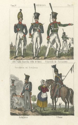 German Guard, Line and Chasseur Officers with an Artilleryman and Uhlan, 1842