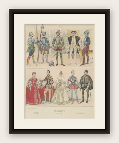 Renaissance Spain Costume & Armour Print, 1880 Chromolithograph by Tilke, shown framed