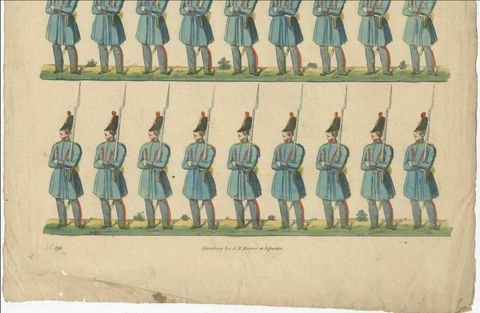 Antique Print of Belgian National Guard, Infantry Drill & Uniforms, c.1830–1840, close-up 1