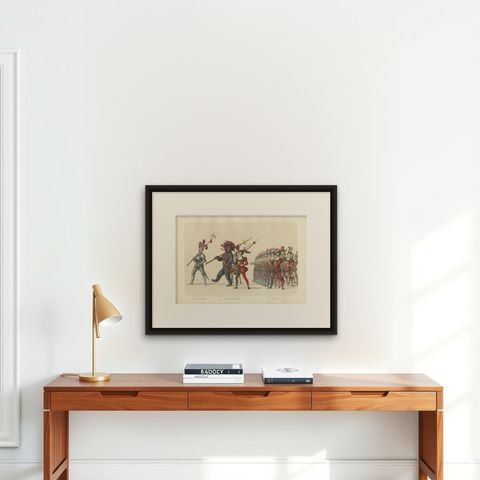 The Armored Leader and the Bear, A Unique Bernese Procession, 1855, shown framed on a wall