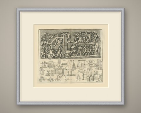 Roman Siege Relief with a Ram, Siege Towers and Engines, Montfaucon, 1722, shown framed