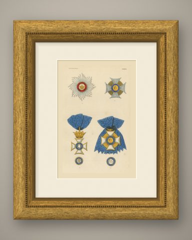 Orders of Württemberg, Crown Star and King Frederick Cross, Plate LXXXVI, 1844, shown framed