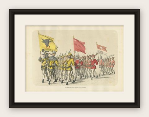 1855 Hand-Colored Lithograph of Swiss Cantonal Troops, Uri, Schwyz, Unterwalden, shown framed