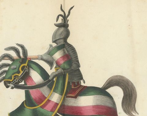 19th-Century Hand-Coloured Lithograph of a Knightly Joust in Bold Red and Green, close-up 1