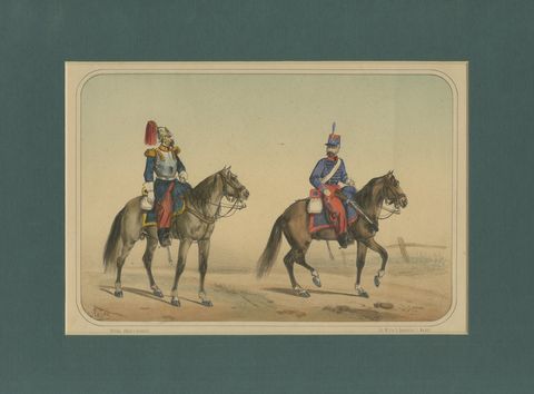 Spanish Cavalry Lithograph by José Rubio y Villegas: Cuirassier and Lancer, 1861