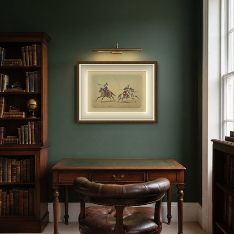 Spanish Lancers at the Charge, Villegas, Hand Colored Lithograph, 1861, shown framed in a room