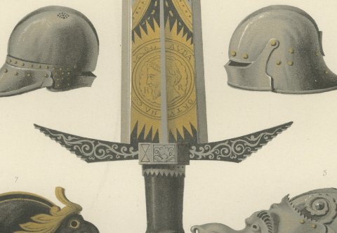 Medieval Helmets and a German Sword, Antique Print, 1851, close-up 2