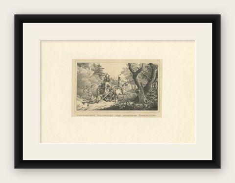 Antique Print of French Soldiers Attacked by Cossacks, 1845, shown framed