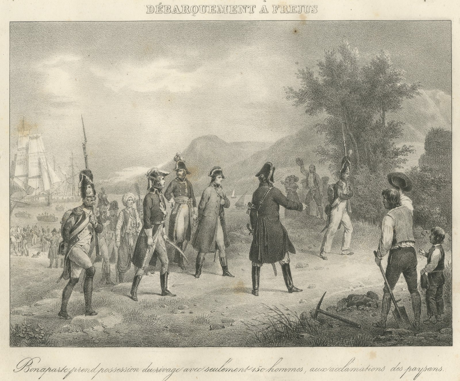 Landing at Frejus, Return from Egypt, Antique Madou Lithograph, 1827