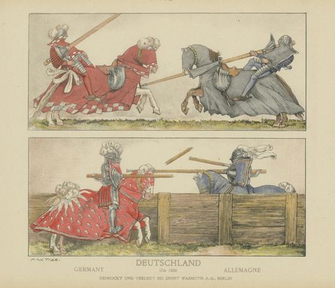 Antique German Jousting Knights Plate c.1500, Hand-Colored Print, Published 1880, close-up 1
