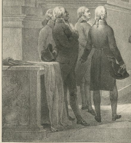 Audience to the Savants, Monge and Berthollet, Antique Madou Lithograph, 1827, close-up 1