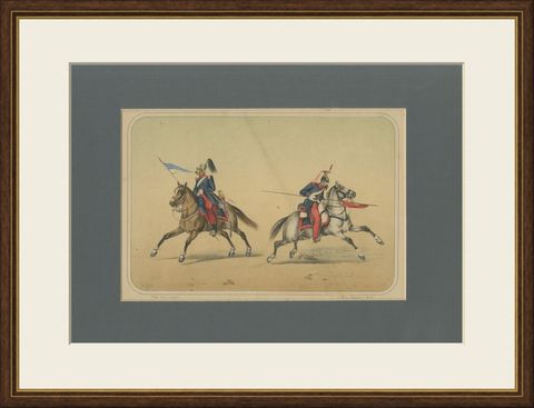 Spanish Cavalry Lithograph by José Rubio y Villegas: Lancers, 1861, shown framed