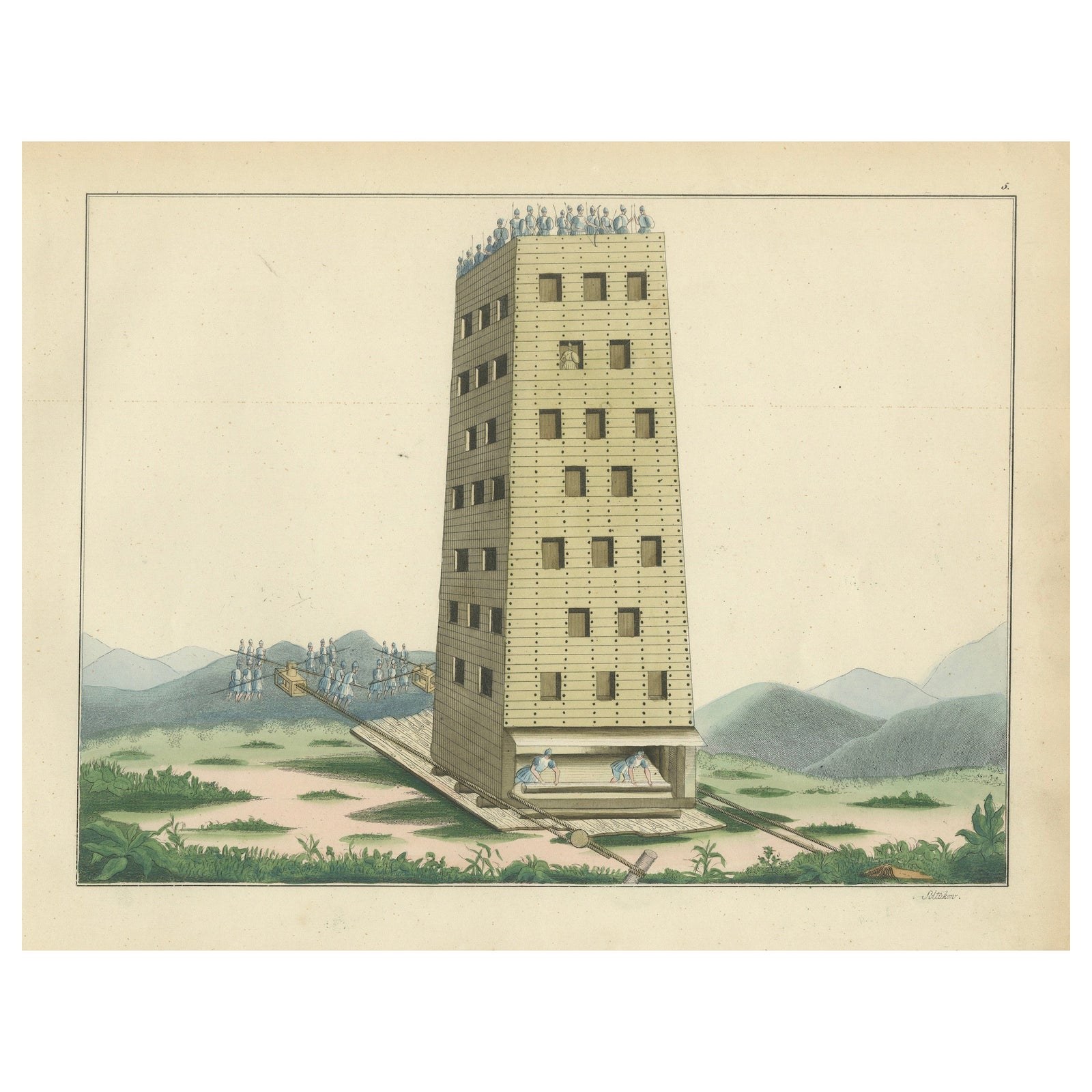 19th-Century Hand-Coloured Lithograph of a Medieval Siege Tower in Action