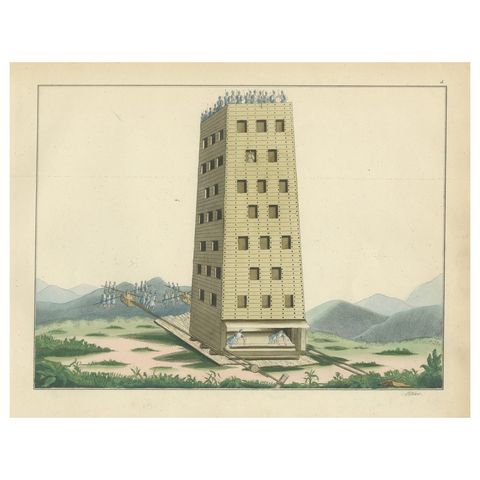 19th-Century Hand-Coloured Lithograph of a Medieval Siege Tower in Action