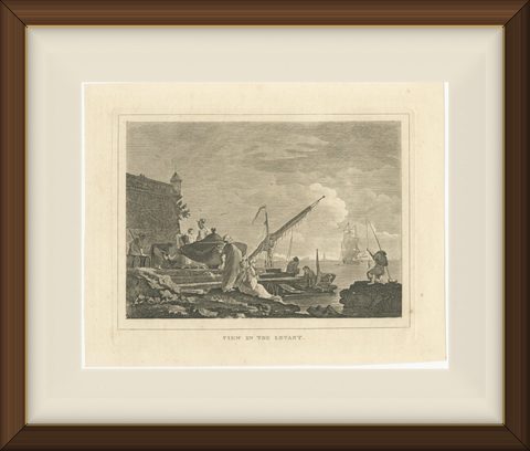 View in the Levant, Ottoman Harbour and Fortress, Antique Engraving, circa 1820, shown framed