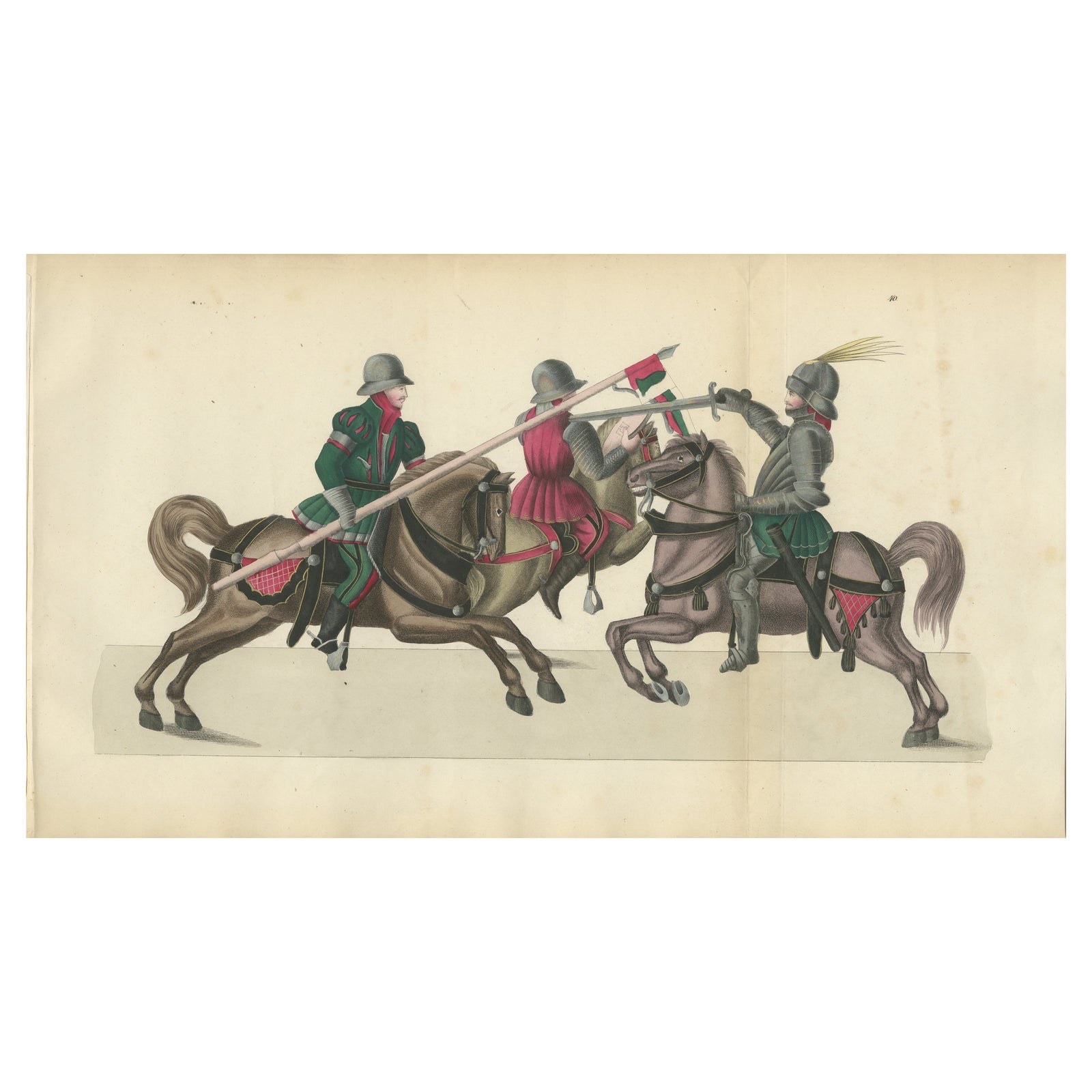 19th-Century Hand-Coloured Lithograph of Mounted Combat with Spear and Sword