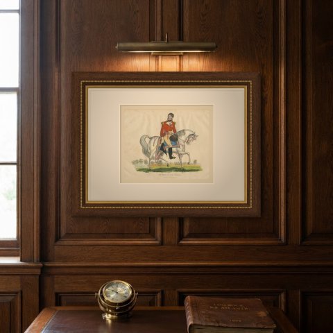 Prince Leopold of Saxe Coburg with Hat in Hand on a Gray Horse, 1816, shown framed on a wall